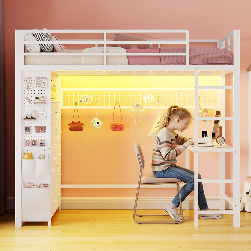 ADORNEVE Twin Loft Bed with Desk,14 Storage Drawers & Power Outlet, White