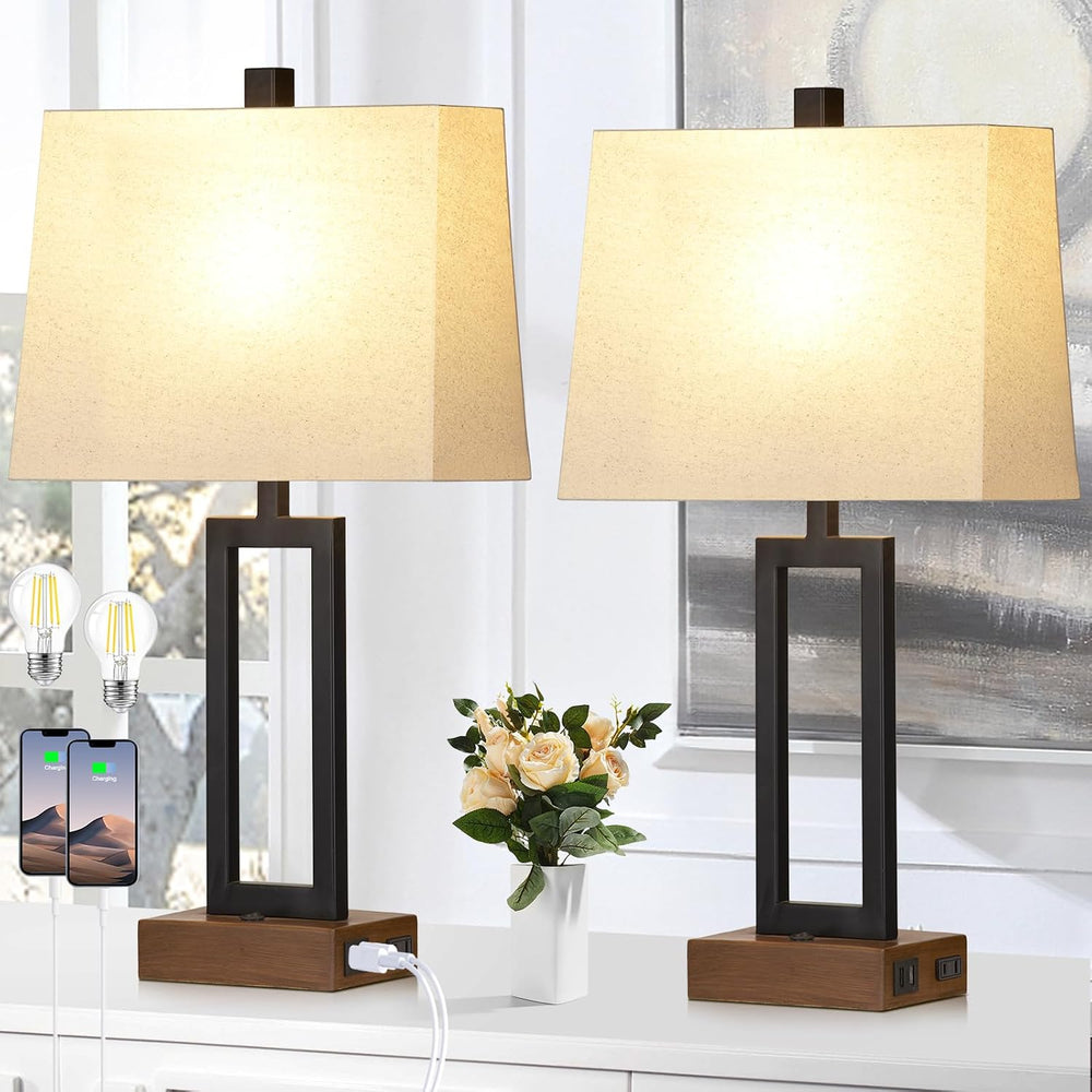 Lolikit Table Lamp for Bedroom Set of 2 with 2 USB Ports and AC Power Outlet,...