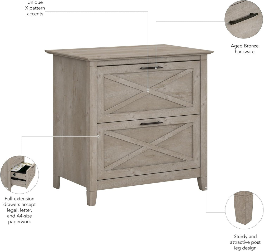 Bush Home Key West 2 Drawer Lateral File Cabinet in Washed Gray, Document Sto...