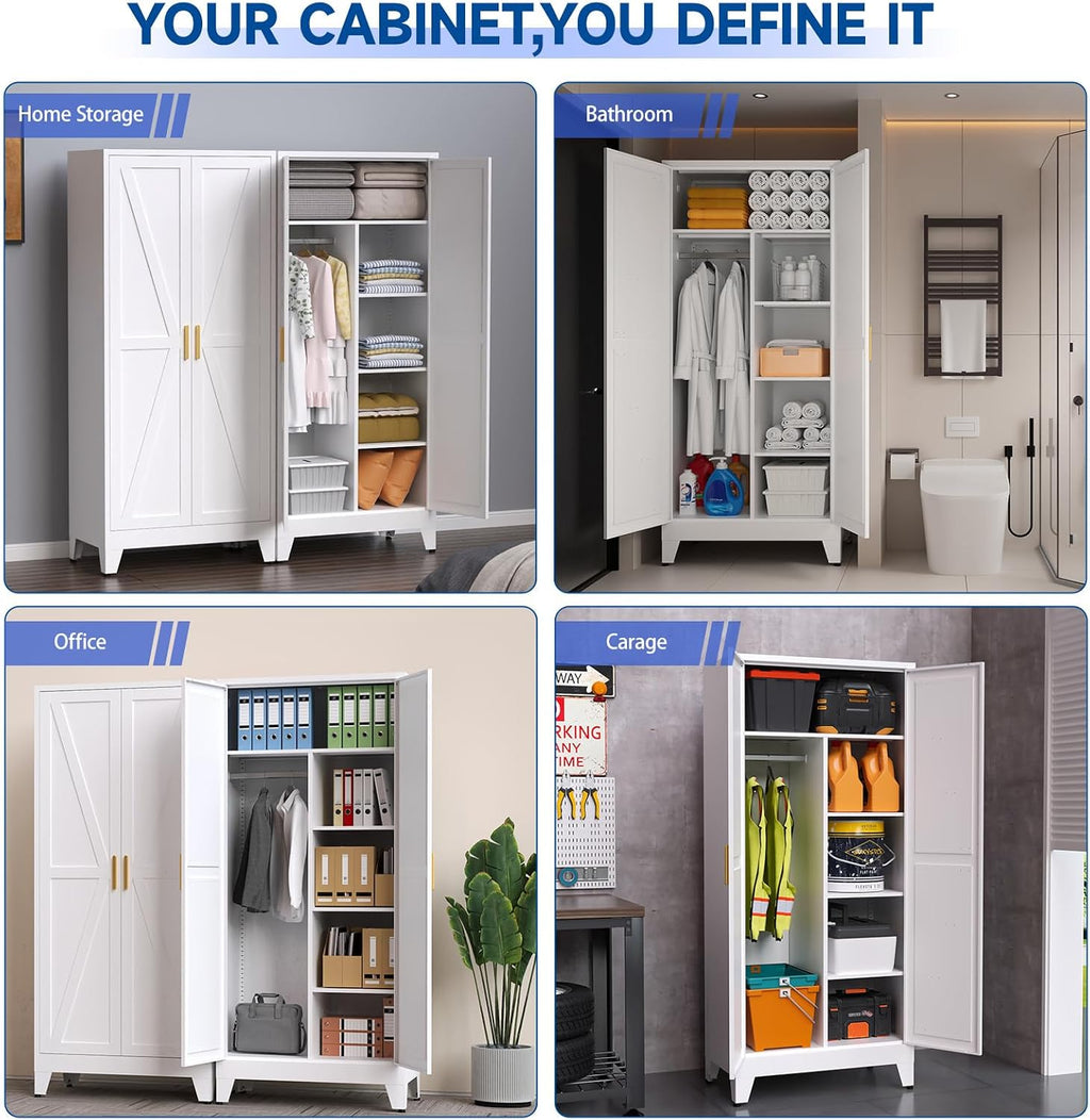 Metal Armoire Wardrobe Closet, 71" Clothing Storage Cabinets with 2 Doors & 3 Adjustable Shelves, White Wardrobe Cabinet with Hanging Rod for Bedroom, Gym