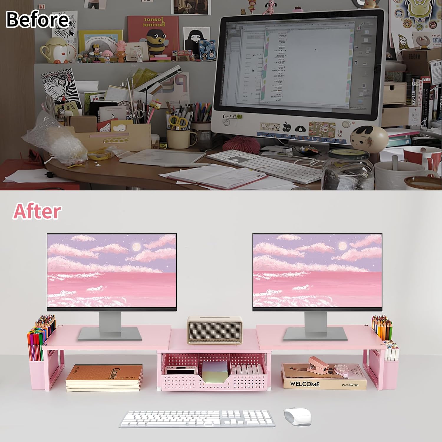 OPNICE Wood Desk Organizers and Accessories, Dual Monitor Stand Riser with Drawer and 2 Pen Holders, Desk Shelf Computer Racks for Office Workspace Organizers, Desktop Organization (Pink)