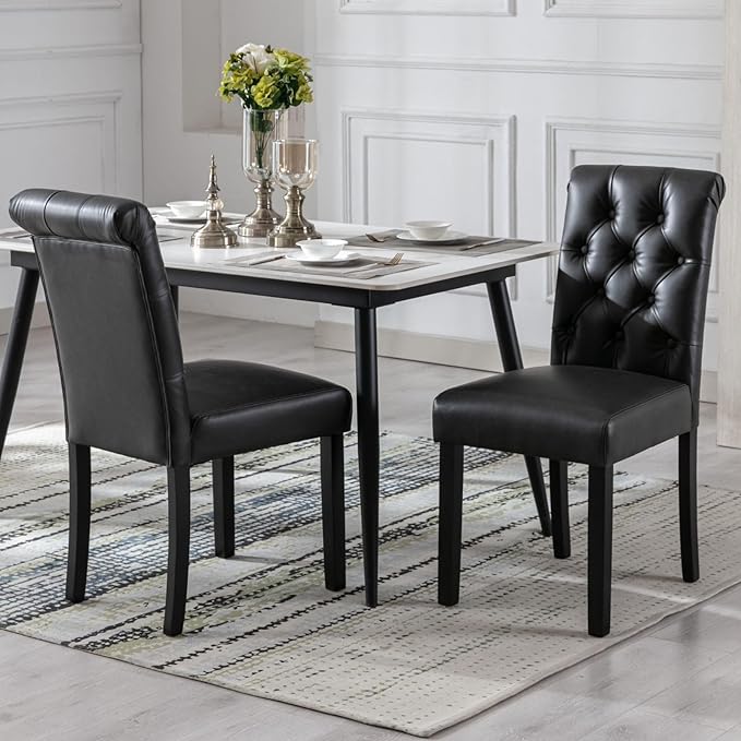 Button Tufted Dining Chairs Set of 2, Upholstered PU Leather Dining Room Chairs Farmhouse Parsons Kitchen Chairs with Wood Legs for Bedroom/Living Room/Resturant, Padded Seat, Black