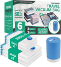 6 Pack Travel Vacuum Storage Bags with Rechargeable Wireless Electric Pump for Luggage, Suitcase, Carry-on Size Vacuum Seal Compression Space Saver Bags for Clothes and Clothing Travel