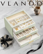 VLANDO Jewelry Box for Women, Glass Lid Jewelry Organizer with 3 Drawers for Necklaces Rings Earrings Bracelets - Sage Green