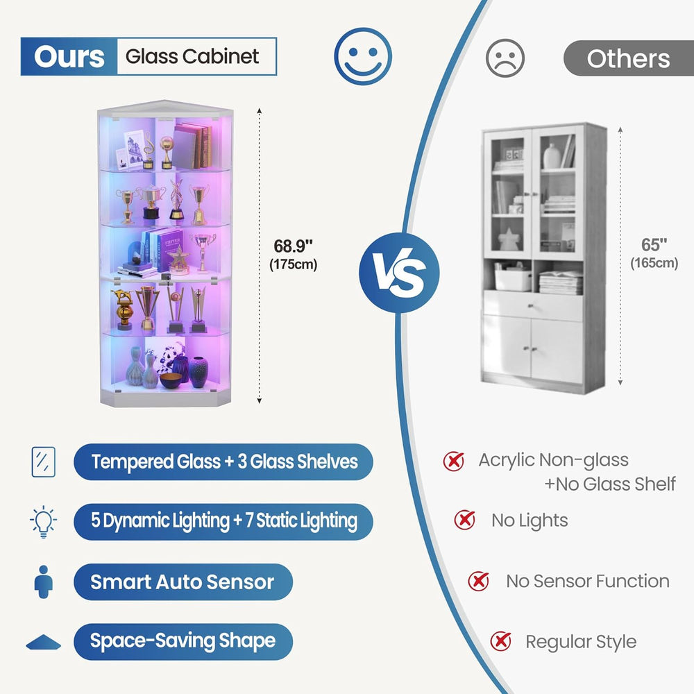 HNEBC Corner Display Case with - RGB Lights and Glass Shelves,5-Tier Corner C...