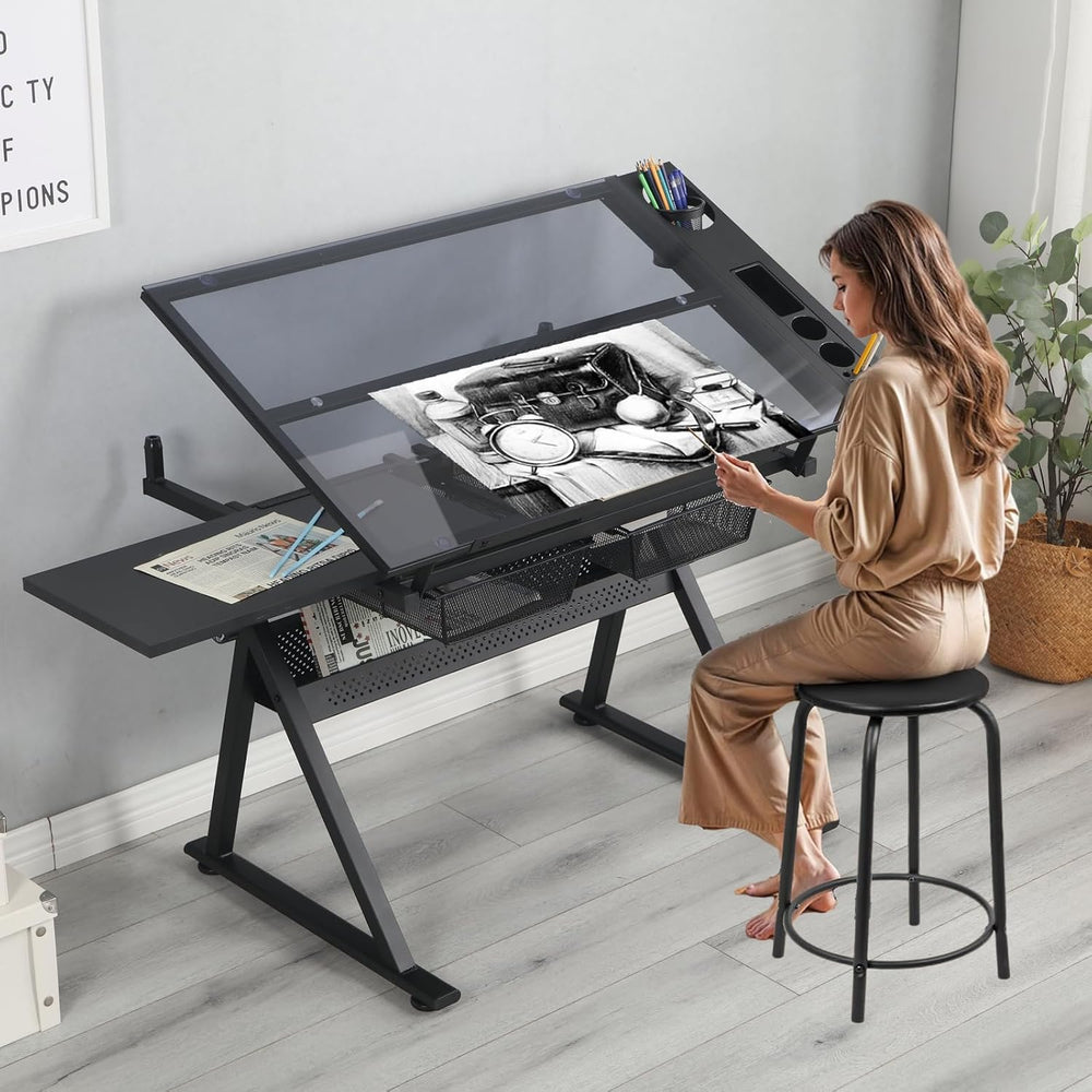 Drafting Table for Artists, Height Adjustable Glass Drawing Table with Stool,...