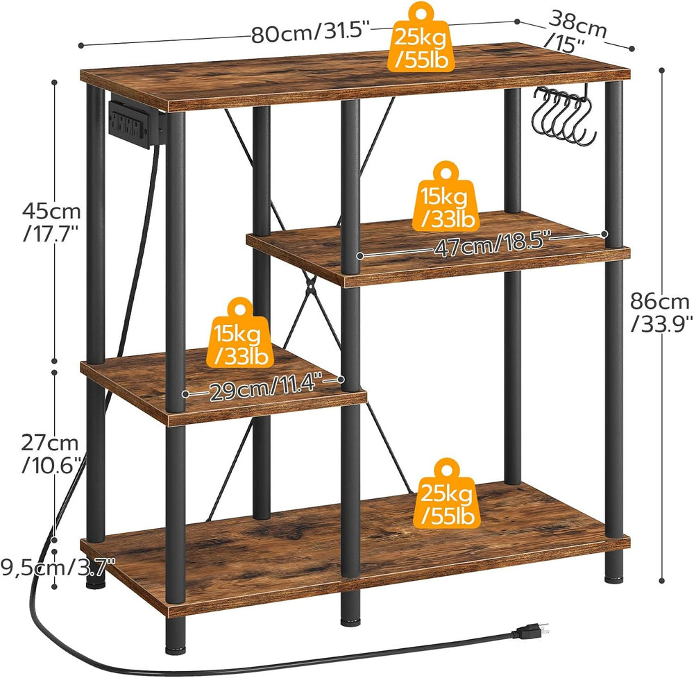 HOOBRO Bakers Rack with Power Outlet, Microwave Stand with 5 S-Shaped Hooks, ...