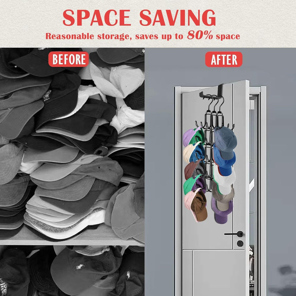 Hat Rack for Door, Collapsible Over The Door Hat Organizer with 10 Large Hooks, Holds 40 Baseball Caps, Rotatable Metal Space Saving Caps Hanger for Display and Storage, Black