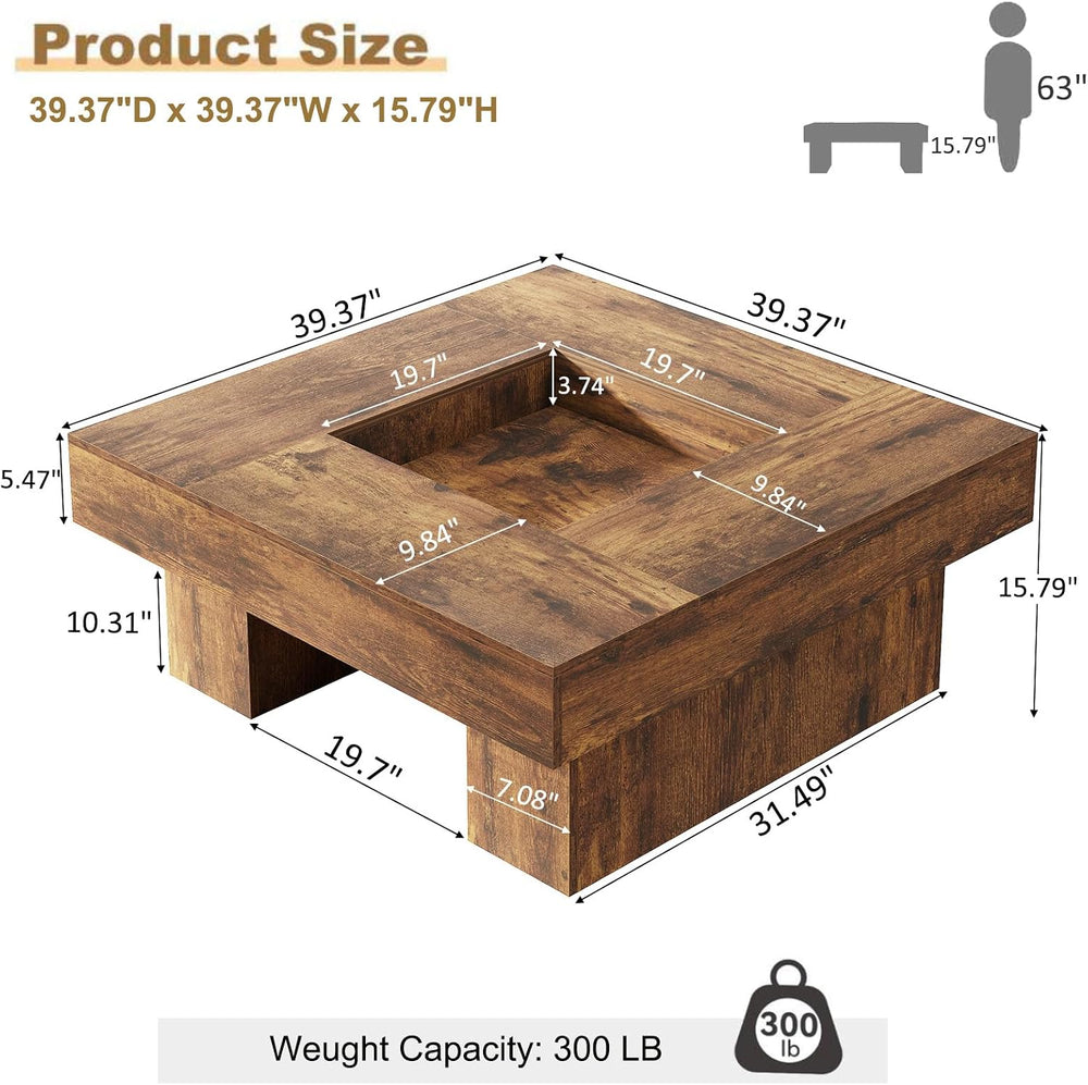 LVB 39"x39" Large Square Rustic Brown Wood Coffee Table for Living ...