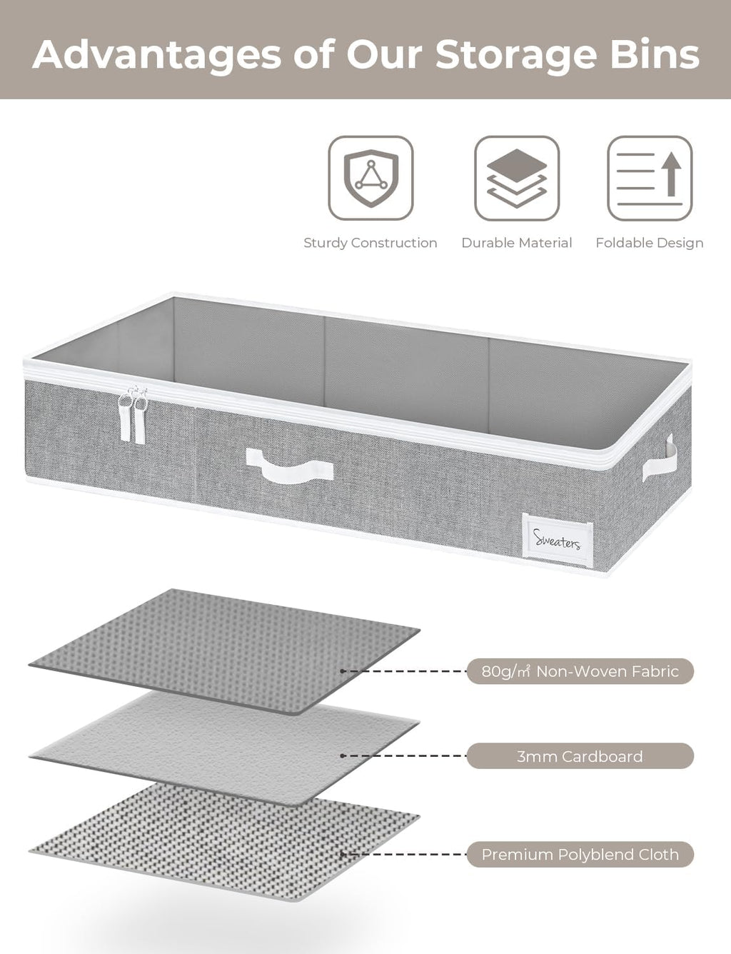 StorageWorks Large Under Bed Storage Containers with Handles and Label Holder, 2 Pack Ultra-thick Fabric Underbed Bins, Closet Organizer for Clothes, Blankets, Sweater