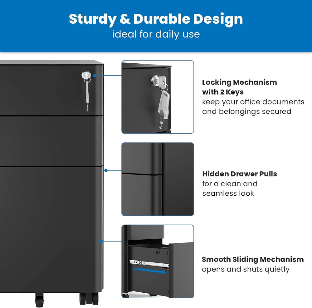 Mount-It! Slim 3 Drawer Rolling File Cabinet with Lock, Mobile Metal Filing C...