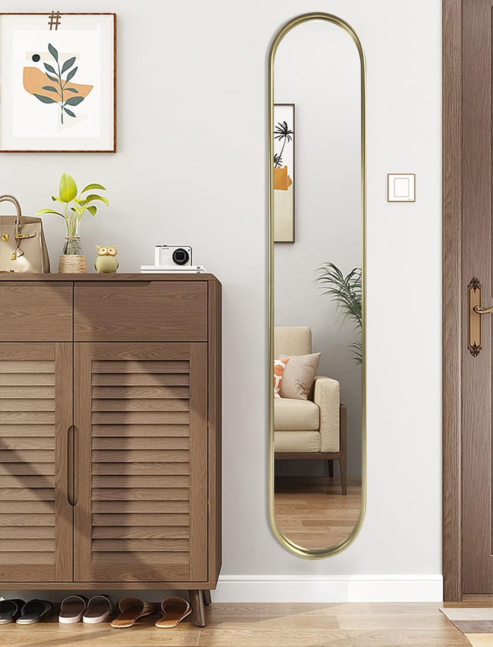 OUSHUAI Gold Full Length Oval Mirror,Narrow Capsule Long Mirrors with Metal F...