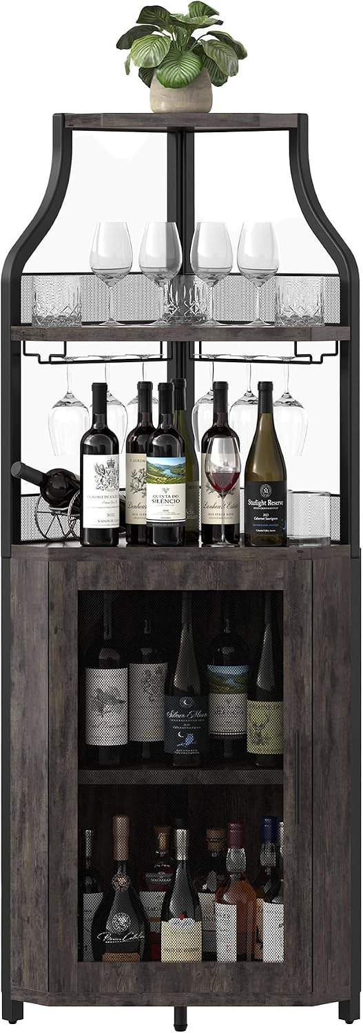 IDEALHOUSE Corner Bar Wine Cabinet with Glass Holder Wine Bar Rack Cabinet with Mesh Door & Glass Holder,Industrial Liquor Cabinet for Home, Kitchen, Dinning Room,Rustic Oak