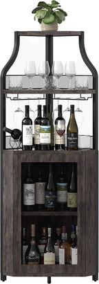 IDEALHOUSE Corner Bar Wine Cabinet with Glass Holder Wine Bar Rack Cabinet with Mesh Door & Glass Holder,Industrial Liquor Cabinet for Home, Kitchen, Dinning Room,Rustic Oak