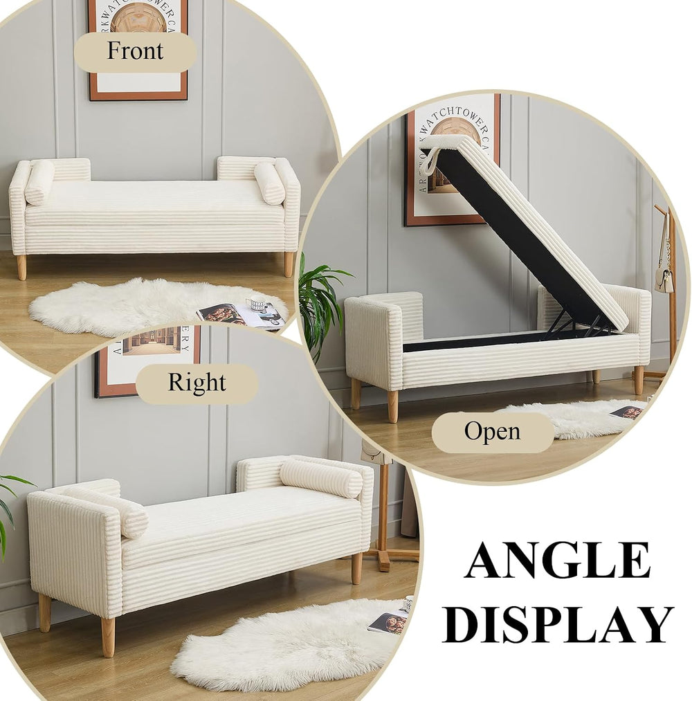 65.35" Storage Bench, Corduroy Upholstered End of Bed Bench with Bolster...