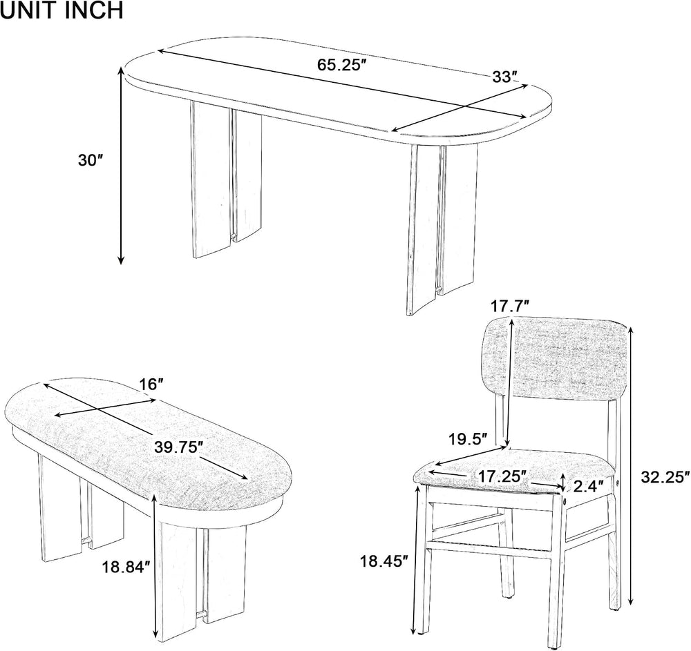 6 Pieces Wood Dining Table Set with Bench, Farmhouse Rectangular Table with 4...