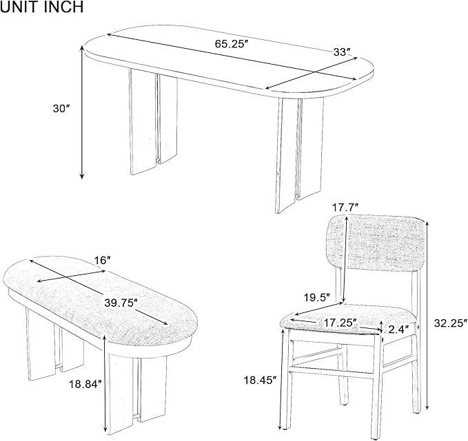 Merax Farmhouse Wooden Dining Set of 6, 65 Inch Rectangular Kitchen Table, Upholstered 4 Chairs with Backrest, Bench with Cushion, Easy Assemble, Natural