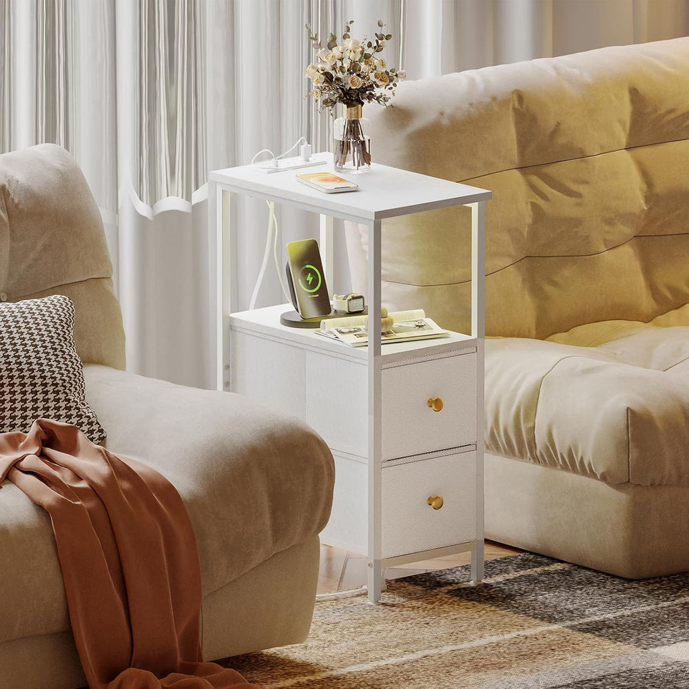 TOMNK Narrow Side Table with Charging Station and LED Light, Skinny Nightstan...