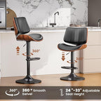 Swivel Bar Stools Set of 2, Adjustable Bentwood Barstools for Kitchen Counter, Mid-Century Modern PU Leather Upholstered Bar Chair with Back and Footrest, for Kitchen Island, Bar, Dining Room, Black