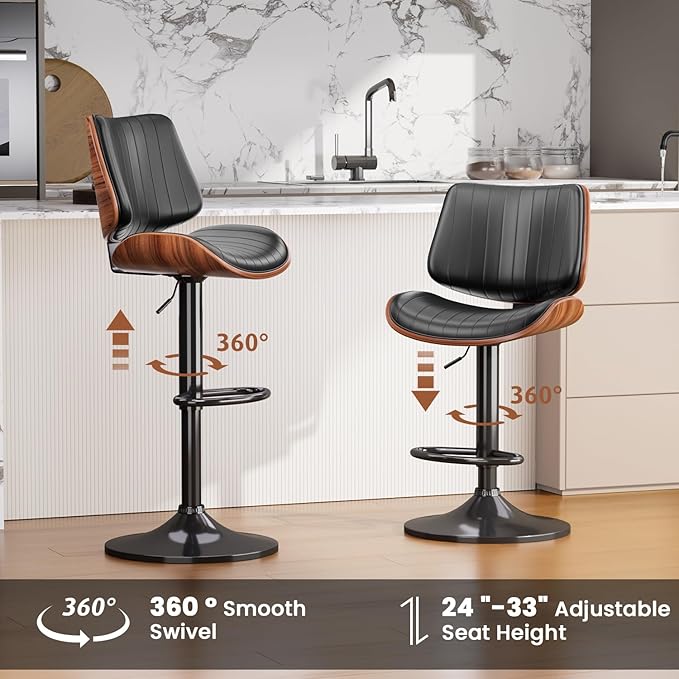 Swivel Bar Stools Set of 3, Adjustable Bentwood Barstools for Kitchen Counter, Modern PU Leather Upholstered Bar Chair with Back and Footrest, for Kitchen Island, Bar, Dining Room, Black