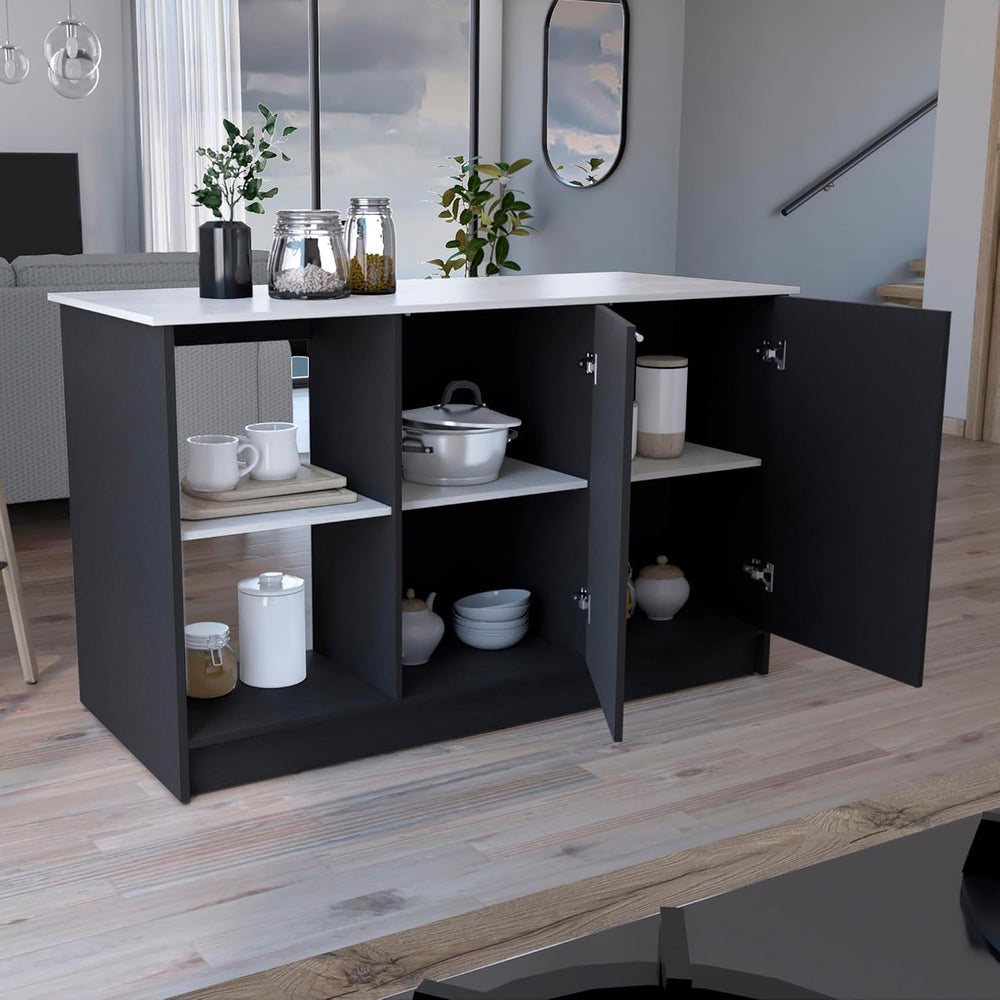 Kitchen Island with Large Top Surface and Double Door Cabinet Black/Ivory | I...