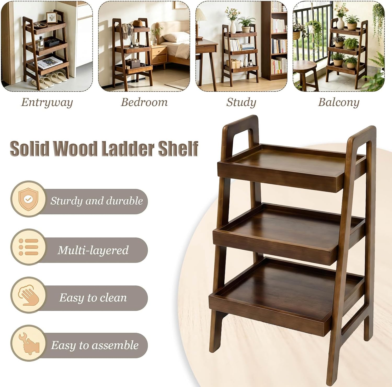 100% Solid Wood 3-Tier Ladder Shelf with Stable Frame for Saving Space | Compact Narrow Standing Ladder Shelves,Ladder Bookshelf with Anti-Slip Edges for Living Room Bedroom Couch