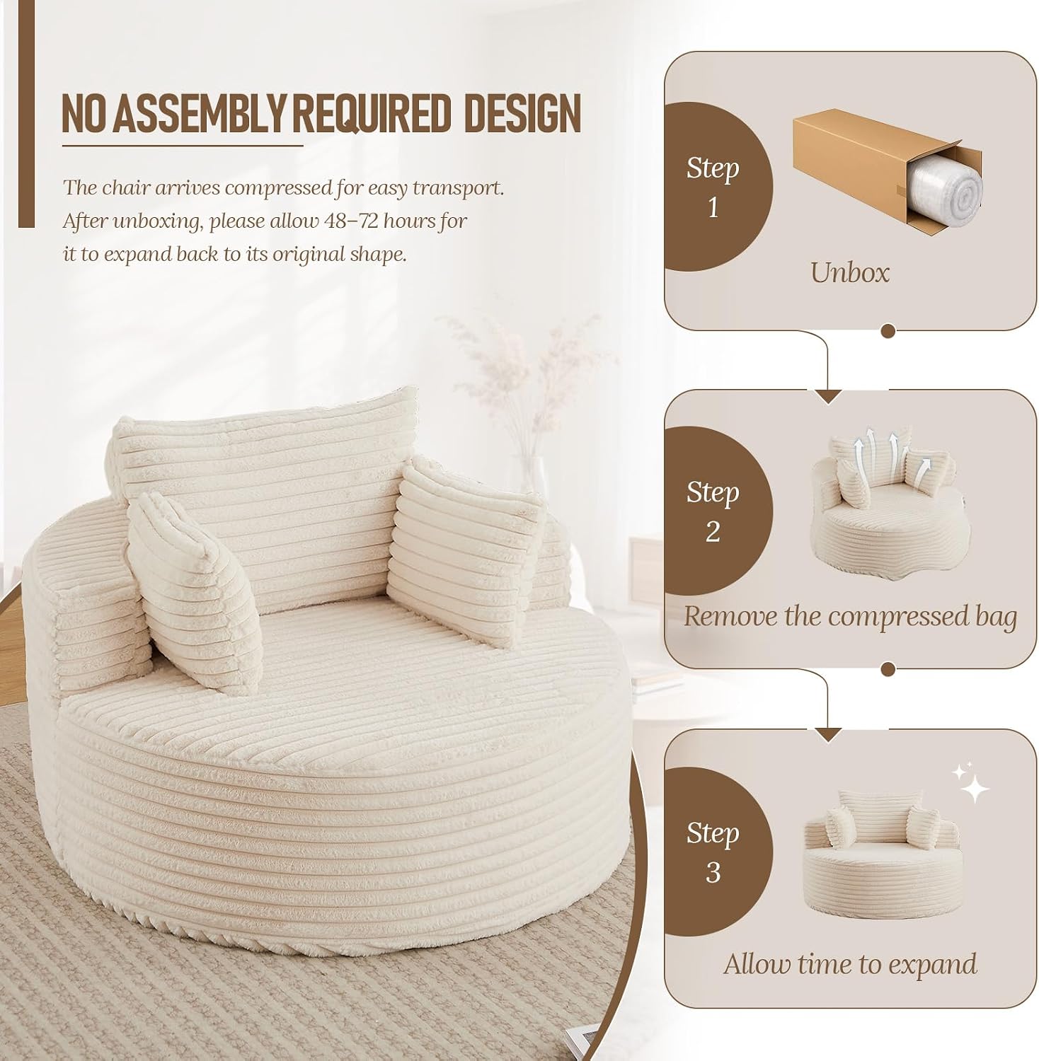 50'' Oversized Round Chaise Longue Chair, Upholstered Corduroy Single Cloud Circle Sofa Chair Comfy Deep Seat Boneless Couch Bed No Assembly Required for Living Room, Bedroom Apartment, Beige