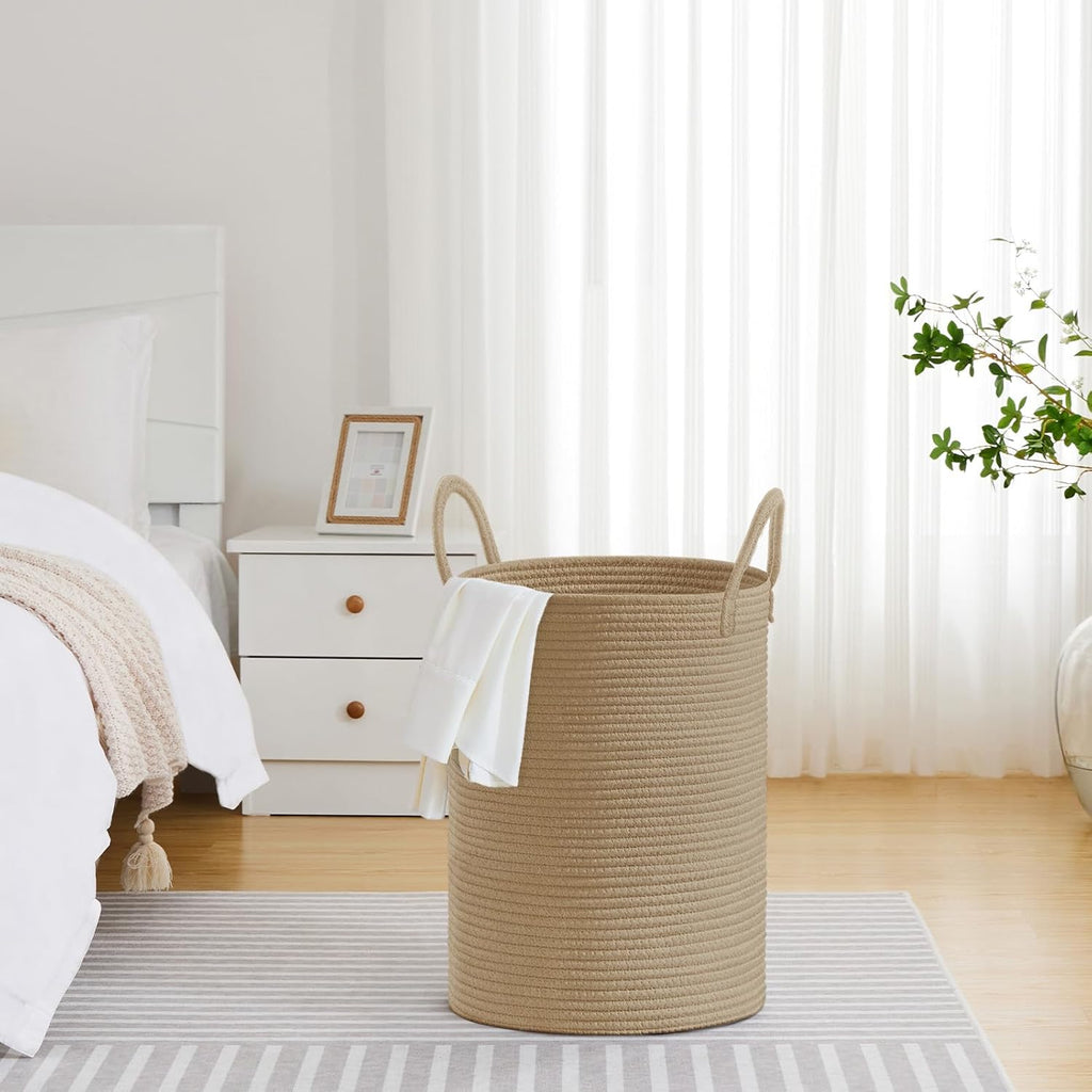 VIPOSCO Large Laundry Hamper, Tall Woven Rope Storage Basket for Blanket, Toys, Dirty Clothes in Living Room, Bathroom, Bedroom - 72L Jute