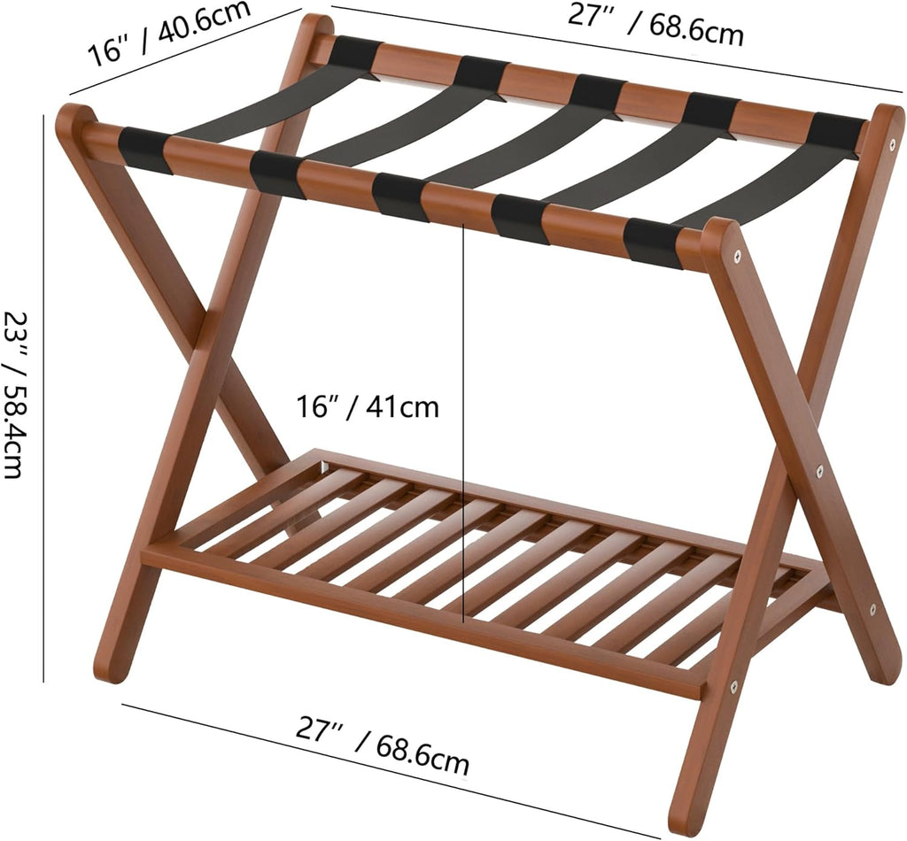 Luggage Racks Suitcase Stand Foldable With Storage Shelf For Guest Room Hotel Essentials Solid Bamboo Heavy-Duty Item Holder Chestnut Brown