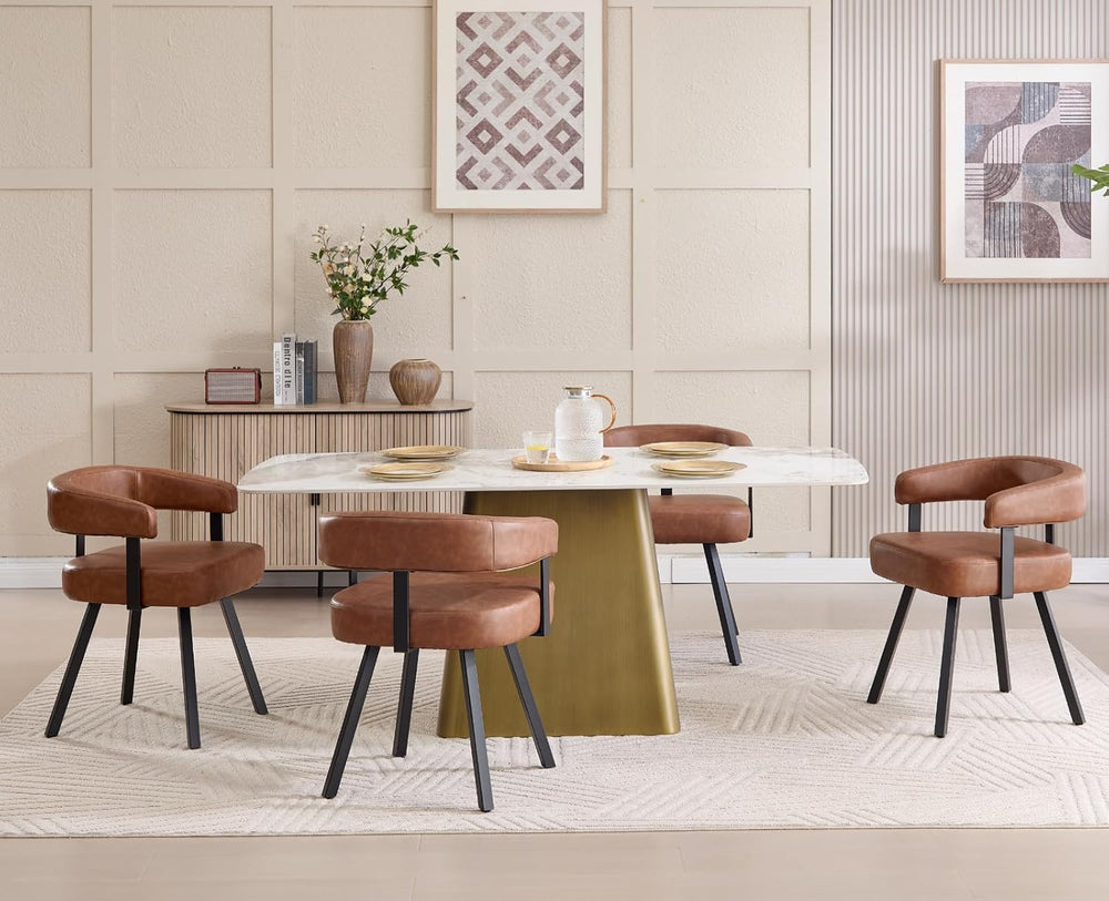 Shunzhi Brown Upholstered Leather Dining Chairs Set of 4 Modern Barrel Dining...