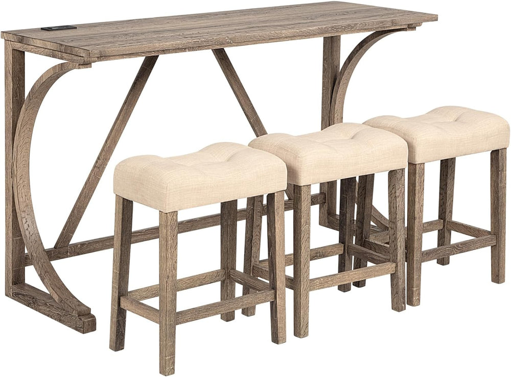 Knocbel Industrial 3-Person Counter Height Bar Table Set with Power Outlet, 4...