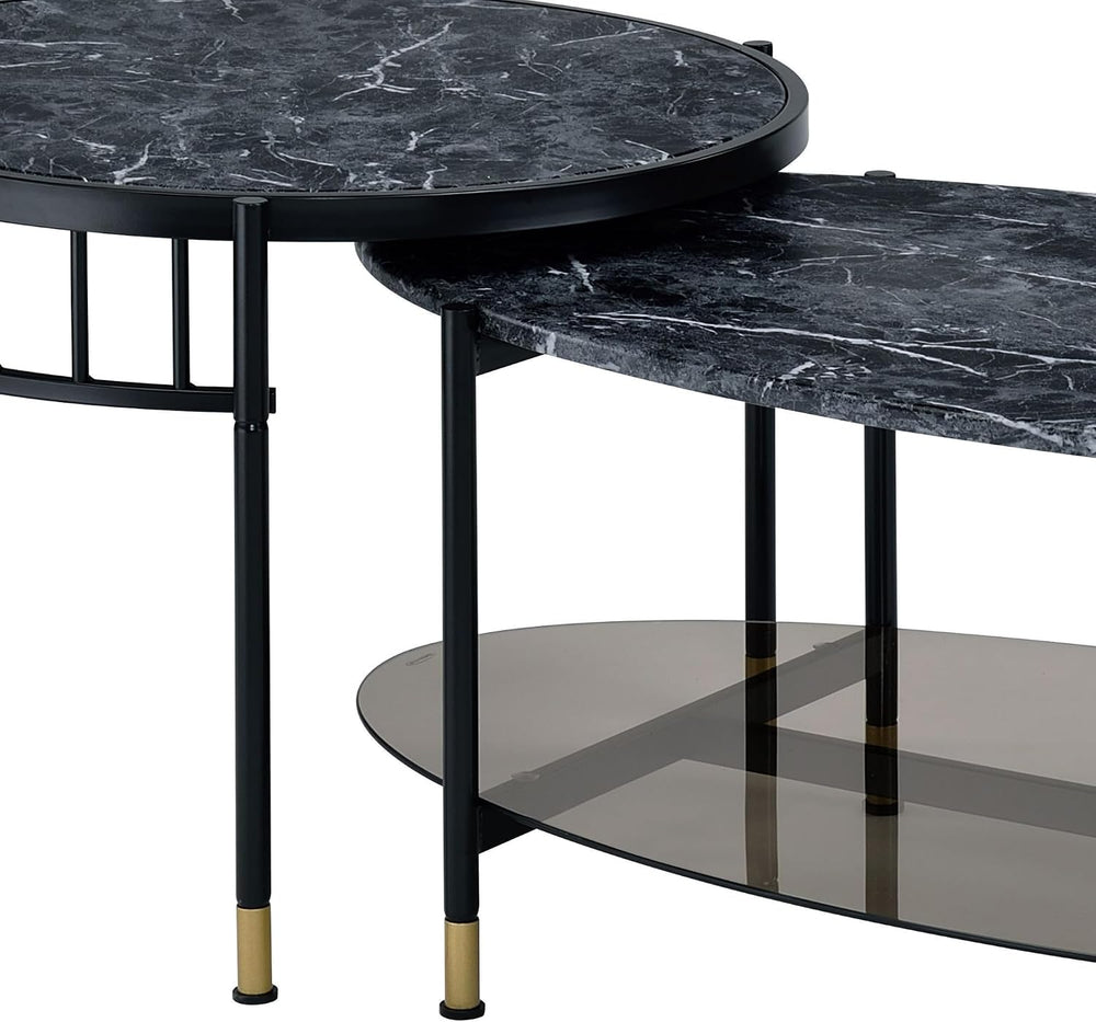 Engineered Stone Top & Black Finish Nesting Table Set | Dual-table nestin...