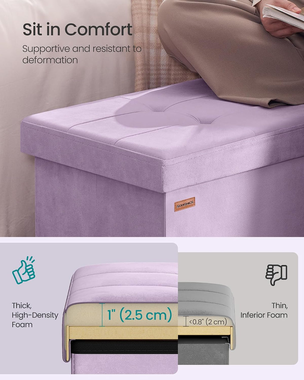 SONGMICS Foldable Storage Ottoman with Flipping Lid, 30 Inch Velvet Bench | C...