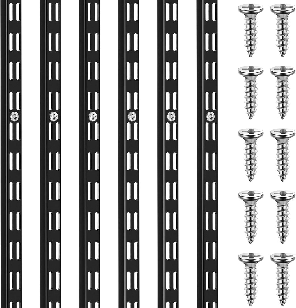 6 Pcs Dual Track Upright Wall Shelving System Heavy Duty Support System Twin Slot Shelf Rail Shelf Standards for Pantries Linen Closets Laundry Rooms(Black,25 Inch)
