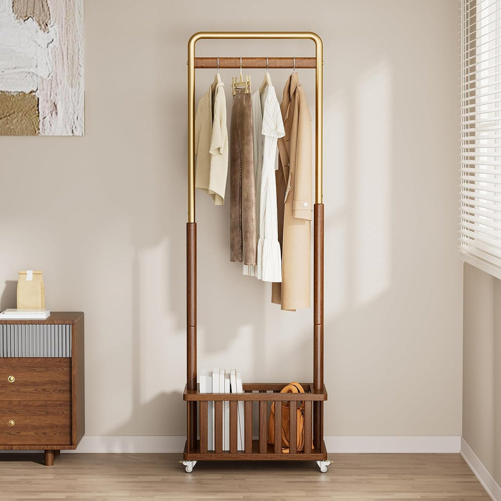 Taitiy Freestanding Solid Wood Coat Rack with Wheels for Hanging Clothes