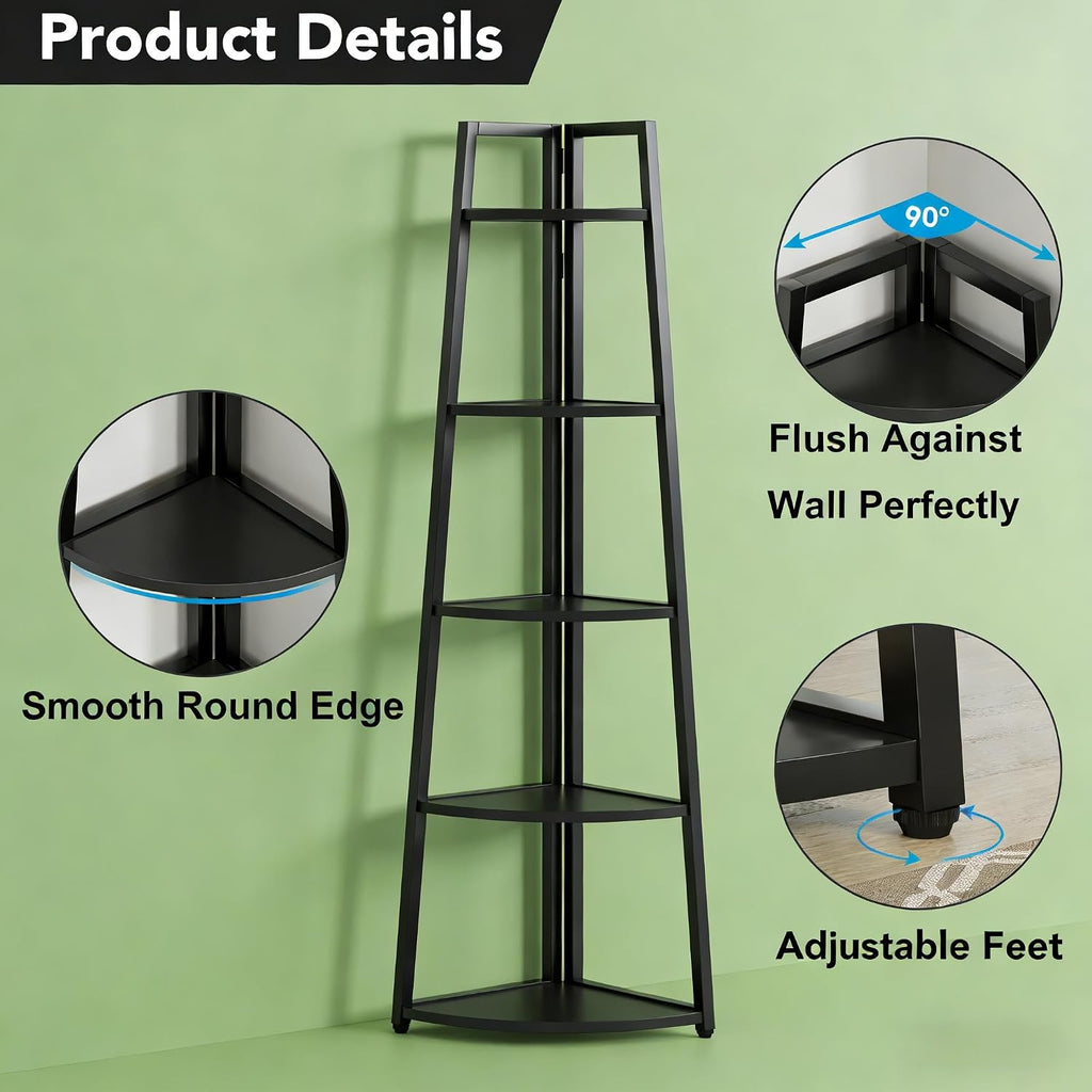 BIGTO Tall Ladder Display Shelf 16.55"*15"*69.3", Black Metal Corner 5-Tier Bookshelf Home Furniture