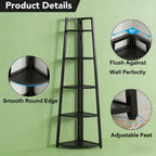BIGTO Tall Ladder Display Shelf 16.55"*15"*69.3", Black Metal Corner 5-Tier Bookshelf Home Furniture