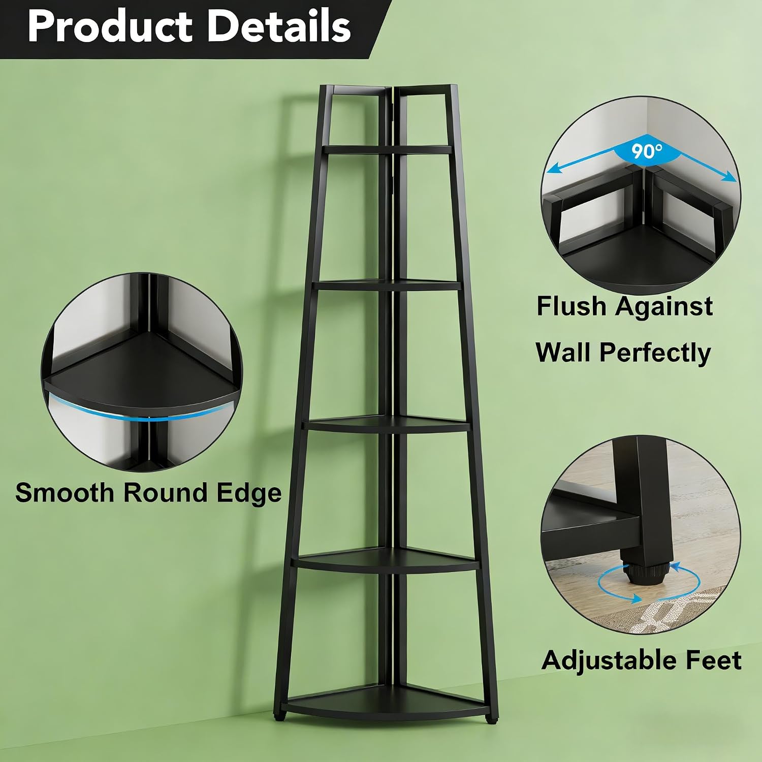 BIGTO Tall Ladder Display Shelf 16.55"*15"*69.3", Black Metal Corner 5-Tier Bookshelf Home Furniture