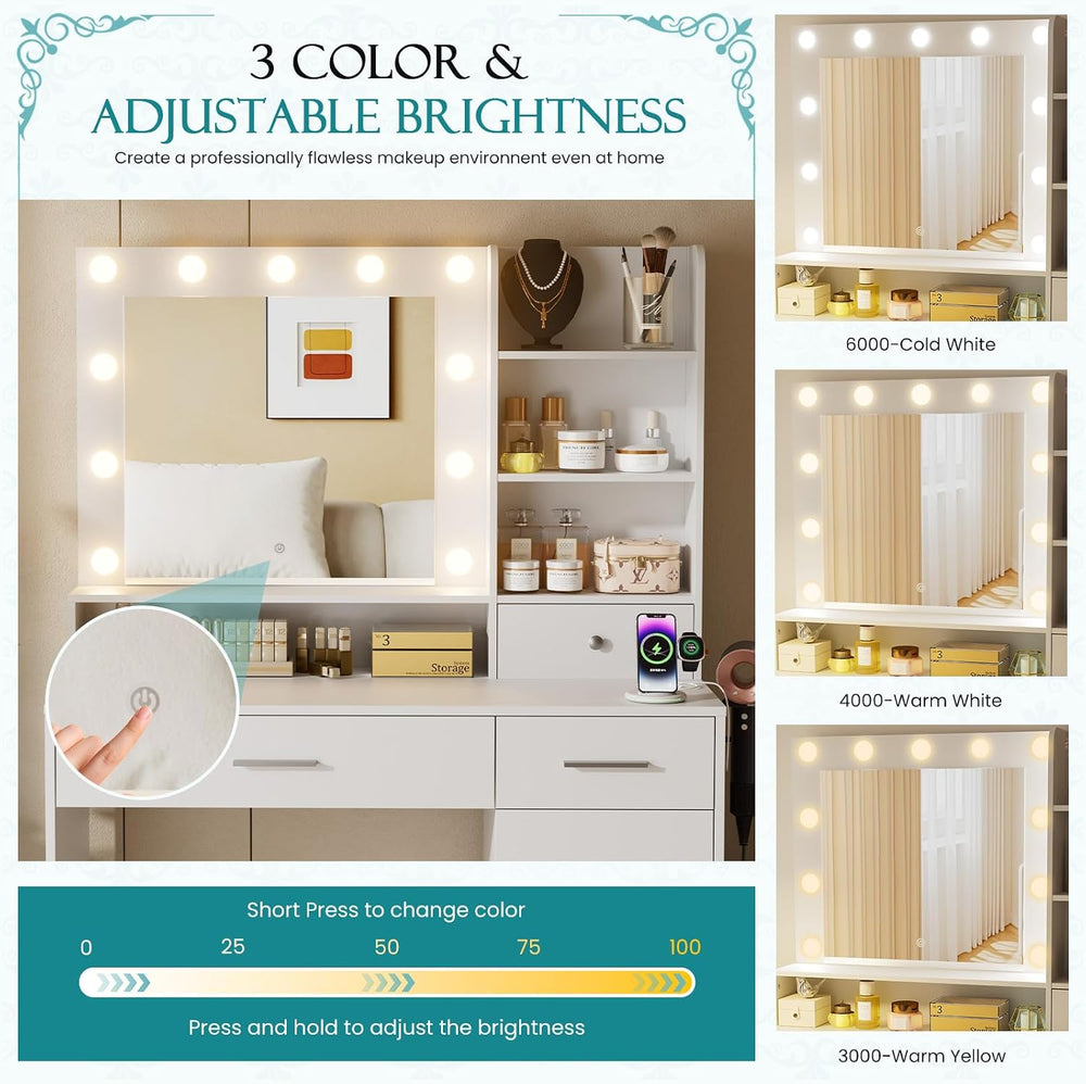 3 Lighting Modes Adjustable Brightness, with LED Lights and Mirror, with Powe...
