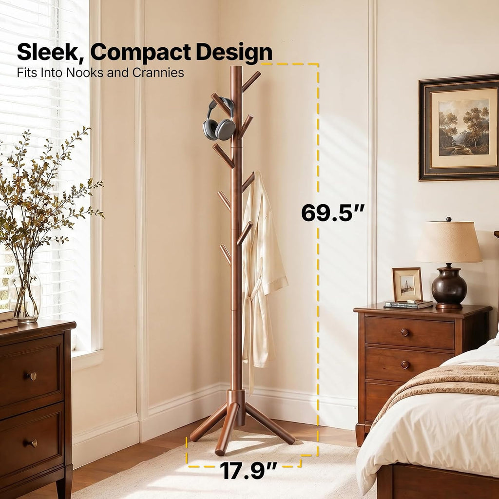 AMADA Solid Wooden Coat Rack Freestanding with 8 Hooks, Walnut | 100% solid wood, 3 height options, widened base for stability, tool-free assembly, smooth rods & hooks prevent clothing snags