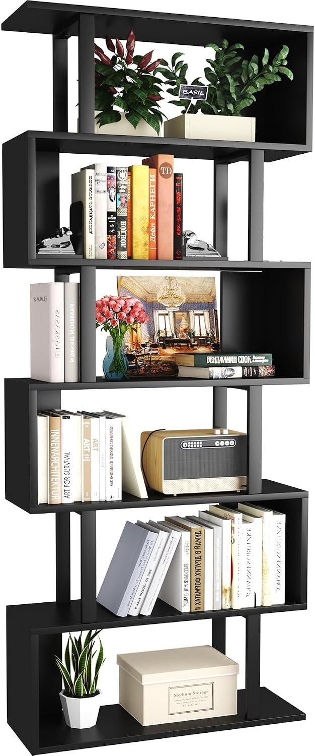 Yusong Geometric Bookcase, S Shaped Bookshelf 6-Tier Book Shelves for Bedroom...