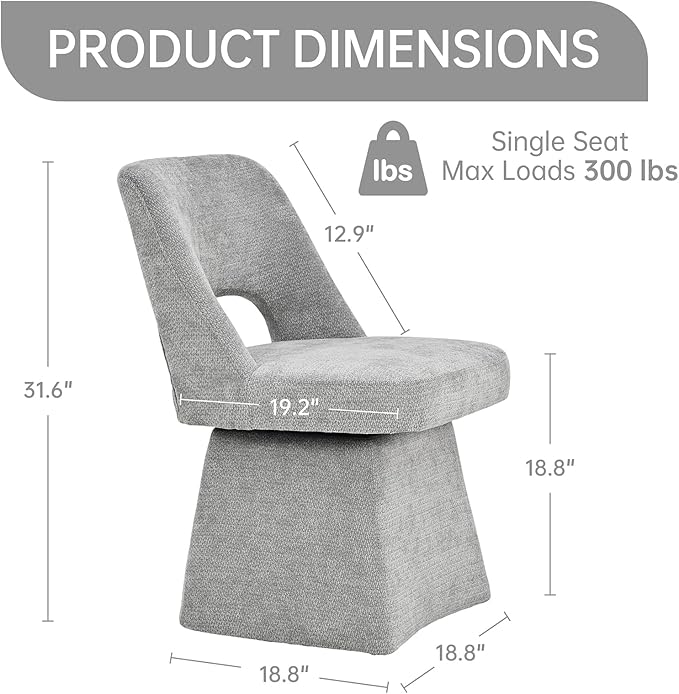VKNOW Upholstered Swivel Dining Chairs Set of 4, Modern Dining Room Chairs with Open Back, Chenille Fabric Kitchen Chairs for Dining Room, Bedroom, Vanity, Grey