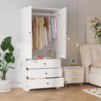 71" Armoire Wardrobe Closet, Bedroom Armoire Clothing Storage Cabinet | 3 Drawers & 2 Doors and Adjustable Shelves Modern Wooden with Aluminum Hanging Rod, Locker