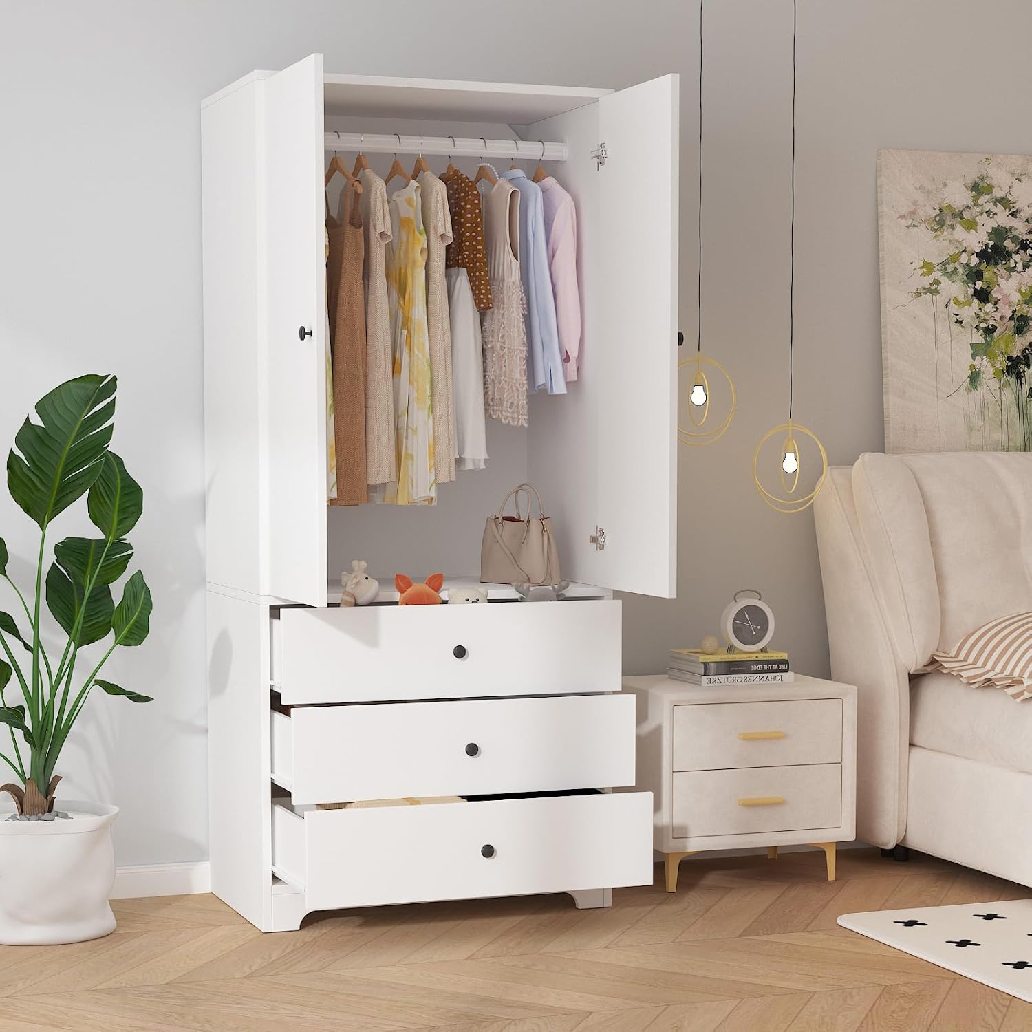 71" Armoire Wardrobe Closet, Bedroom Armoire Clothing Storage Cabinet | 3 Drawers & 2 Doors and Adjustable Shelves Modern Wooden with Aluminum Hanging Rod, Locker