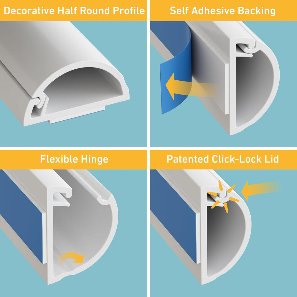 D-Line 13.12ft Cord Hider Kit, Patented Cable Cover, Hide Wires on Wall, Channel for TV Mount Cords, Raceway Wire Hiders, Paintable, Adhesive, Half Round, 4X 0.78in W x 0.39in H x 39in Lengths, White