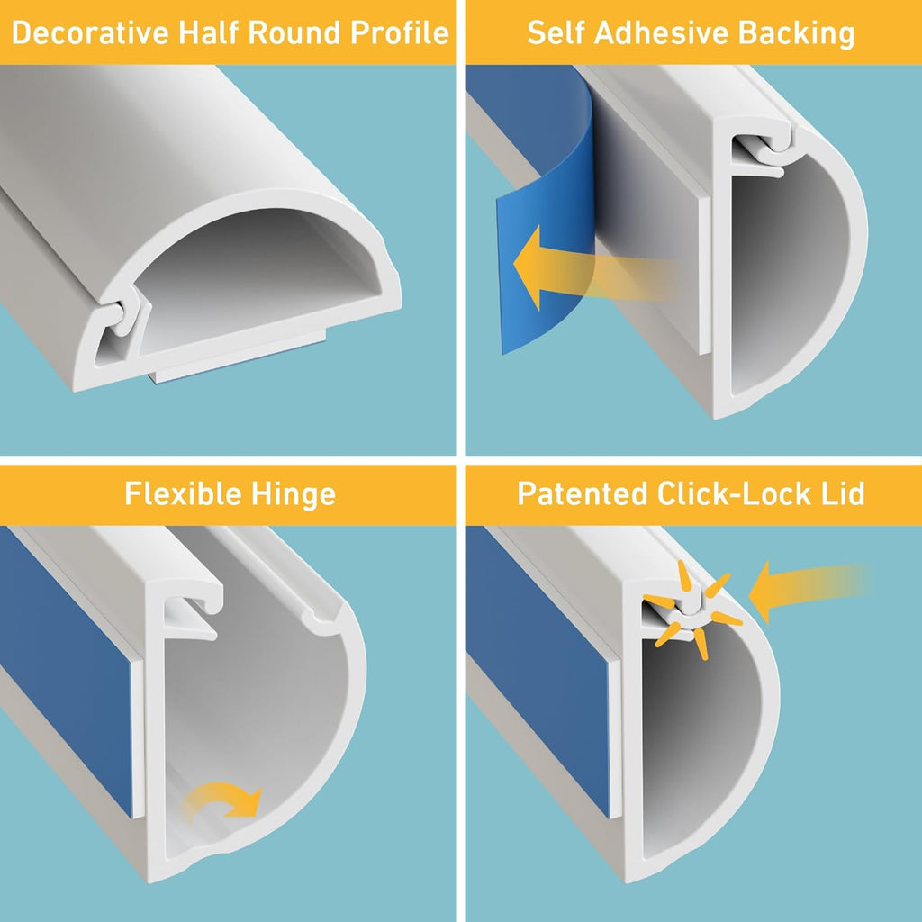 D-Line Half Round Cord Hider, Patented Cable Cover, Hide TV Wall Mount Wires, Raceway for Cords, Decorative Wire Covers, Paintable, Adhesive Cable Concealer, 8X 0.78in W x 0.39in H x 39in L,White