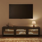 POVISON Mid Century Modern Wood Slatted TV Stand with LED Lights, Media Console for 70+ Inch TV, Entertainment Center with Storage Cabinet for Living Room, Fully-Assembled (Black, 70.87")