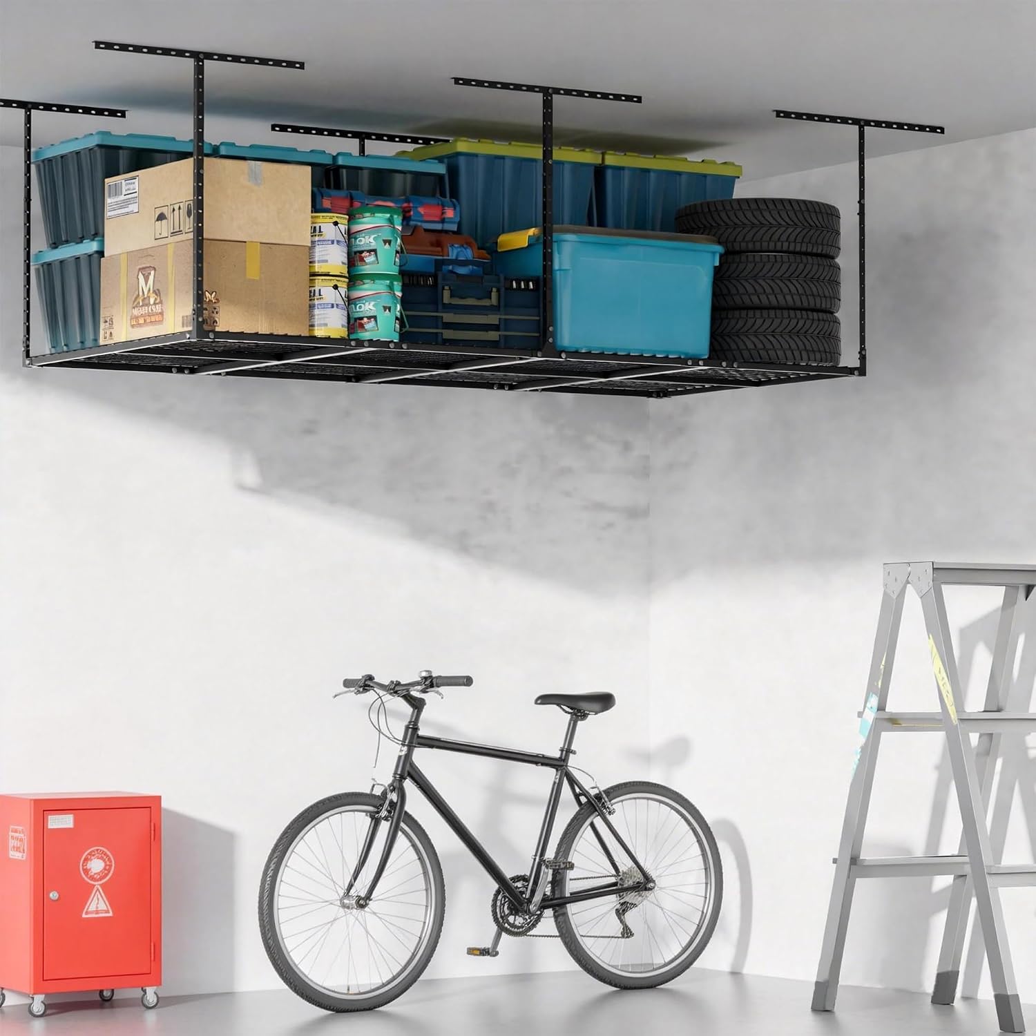 YOHKOH 4x8 Ft Overhead Garage Storage Rack, Adjustable Height, Heavy-Duty Garage Ceiling Storage Racks, 700lbs, Black, 4-Panel System