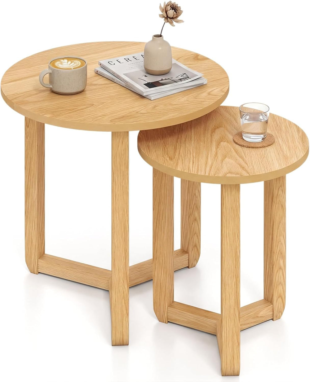 Giantex Round Nesting Coffee Table Set of 2, Wood Nesting End Tables with Thi...
