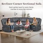 Manual Reclining Sectional Sofa Set, 5 Seats Soft Dutch Velvet Recliner Corner Sectional Couch, Family-Sized L-Shaped Recliner Couch with USB Charging, Thickened Padding, Sturdy Frame, Grey